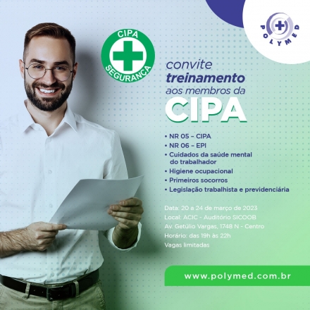 Polymed - Medicina e segurana no trabalho Polymed oferta curso de atualização para membros da CIPA das empresas conveniadas. Estamos com as inscrições abertas. O curso acontece de 20 a 24 de março, na...